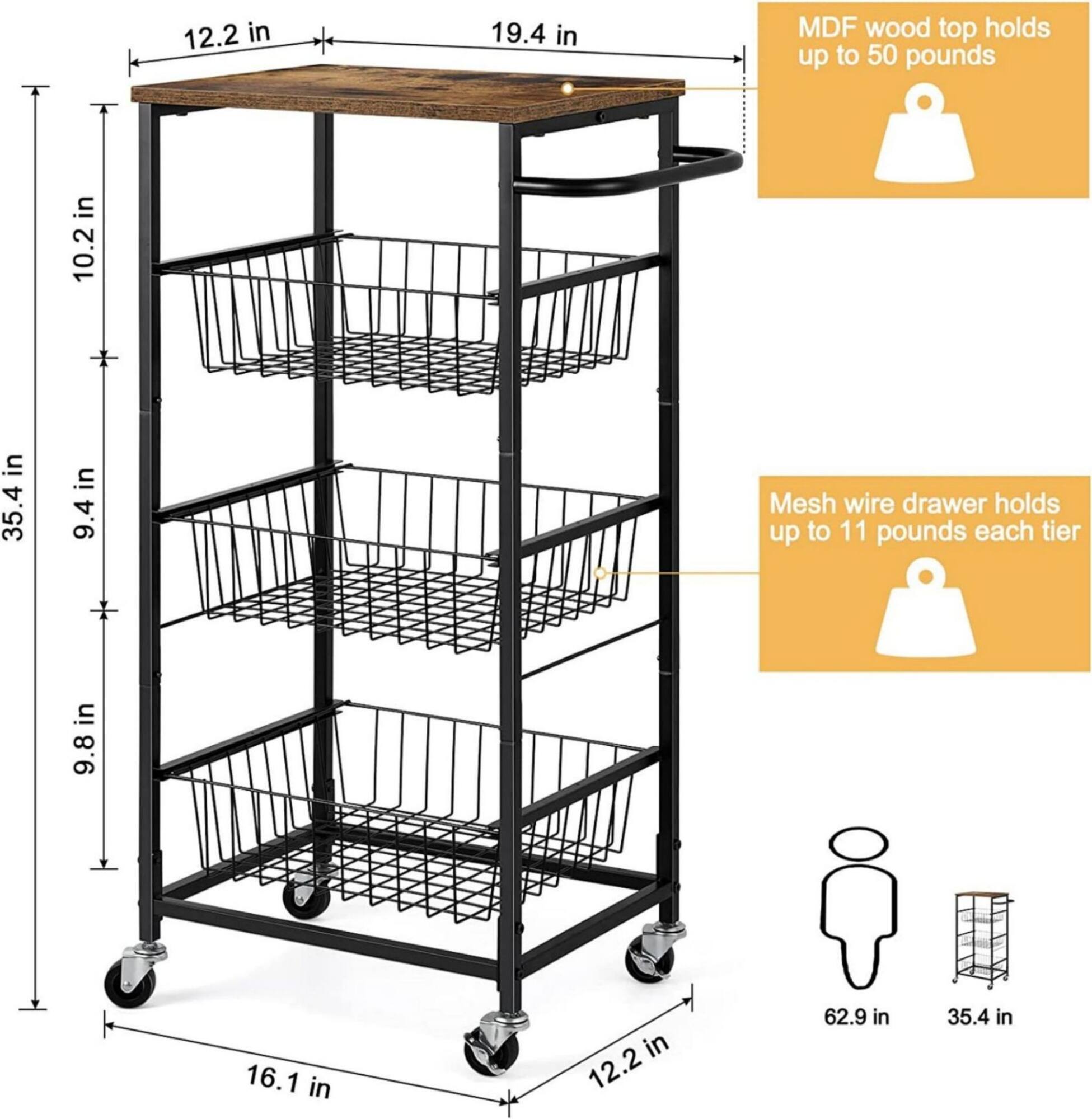 Black 4-Tier Metal Rolling Kitchen Cart